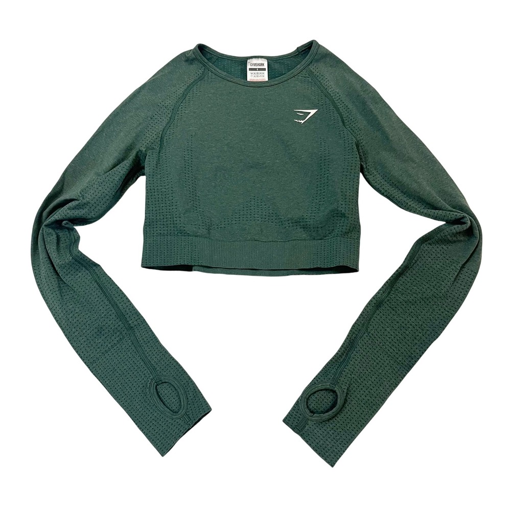 Gymshark Vital Seamless 2.0 Long Sleeve Crop Top Green Thumb Holes Size Small